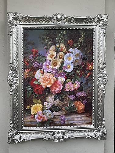 artissimo Gerahmte Gemälde Blumen Bilder mit Rahmen 90x70 Sommer Blumen in Vase Bild mit Rahmen Rosen Blumenstillleben in Vase Bunte Blumen Gerahmte Gemälde Wandbild von artissimo