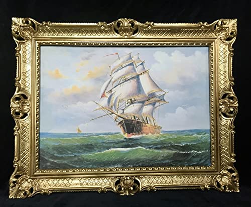 Wandbild Bild mit Rahmen Gold Gemälde Schiffe Segelschiff 90x70 cm Kunstdruck in Barock Rahmen Seefahrt in Sturm Seestück Maritime von artissimo