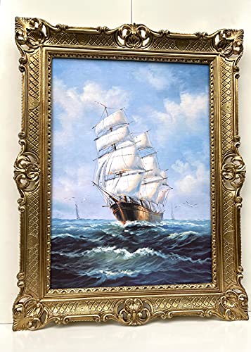 Segelschiffbilder Gemälde Segelschiff Antik Schiff auf dem Meer Wandkunst 90x70 Wandbild Antik Gemälde Kunstdruckbild mit Barockrahmen Gold von artissimo
