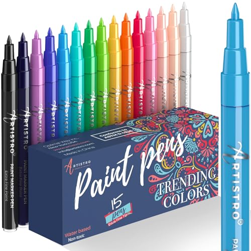 Artistro 15 Acryl Stifte Hohe Qualität. Zeichenset zum Bemalen von Steinen, Felsen, Keramik, Glas, Holz, Metall, Stoff, Leinwand, Kieselsteine Extra-Feine Spitze 0,7mm von Artistro