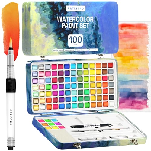 Artistro Perfect Travel Watercolor Paint Set, 100 Vivid Colors in Portable Box, Including Metallic, Fluorescent, Pastel Colors. for Artsits, Amateur, Hobbyists and Painting Lovers von Artistro
