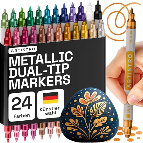 Artistro Metallic Marker Stifte, 24 Dual Tip 1mm + 5mm Metallic Acrylstifte Wasserfest, Acrylmarke für Fotoalbum Gästebuch Hochzeit Scrapbook Schwarzes Papier Holz Glas Steine Bemalen von Artistro
