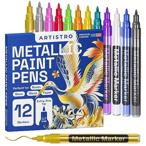 Metallic Stifte, Stifte zum Bemalen von Steinen, Keramik, Glas, Holz, Stoff, DIY, Scrapbook Journaling, Fotoalben, Kartenherstellung,12-er Metallic Marker Stifte Set mit Extra-Feiner Spitze 0,7mm von Artistro