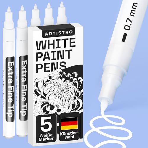 5 Weiße Acrylstifte für Steine, Zeichenstifte, Felsmalerei, Keramik, Glas, Holz, Reifen, Stoff, Metall, Leinwand, DYI, 5-er Set Acrylfarbe Permanent Marker Weiß auf Wasserbasis mit Extra-Feiner Spitze von Artistro