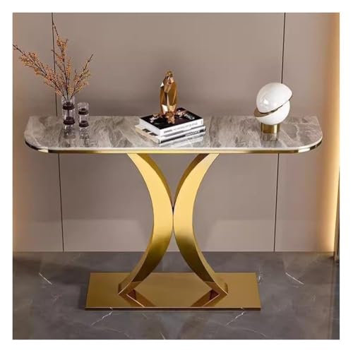 Artiz Moderner Konsolentisch Leichter Luxus-Eingangstisch Aus Steinplatten Schmaler, Langer Sofatisch Mit Geometrischem Metallrahmen Akzenttisch Für Wohnzimmer, Flur Und Foyer(Gold-B,100x30x80cm) von Artiz