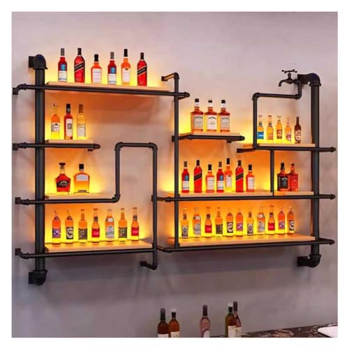 Weinregalwand Mit LED -Leuchten Montiert, Industriepfeife Schwimmendes Weinregal Kreative Barregale Spirituosenkabinett Für Zuhause, Küche, Wohnzimmerdekor Aus Display Rack ( Farbe : Warm light , Größ von Artiz