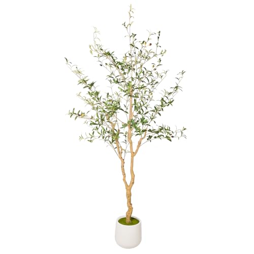 Künstlicher Olivenbaum mit weißem Topf – Kunst-Olivenbaum für Wohnzimmer-Deko, große Kunstpflanzen für Innenräume, realistischer Stamm, Blätter & Früchte, Büro-Dekoration (215CM) von Artizone