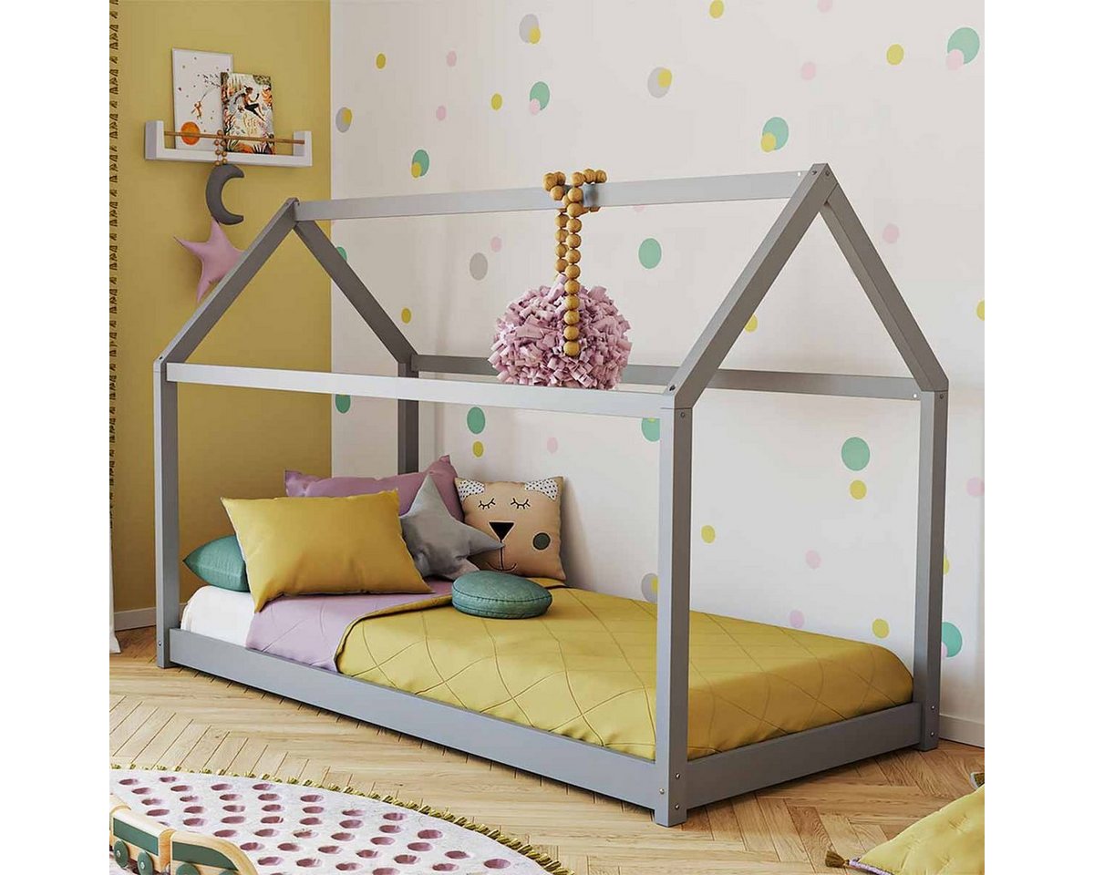 Artkid Kinderbett ArtKid Haley Grau Montessori Hausbett Bodenbett 90x200, inkl. (Dreamkid Haley Hausbett Kinder 90x200 cm grau), Hausbett, Massivholz von Artkid