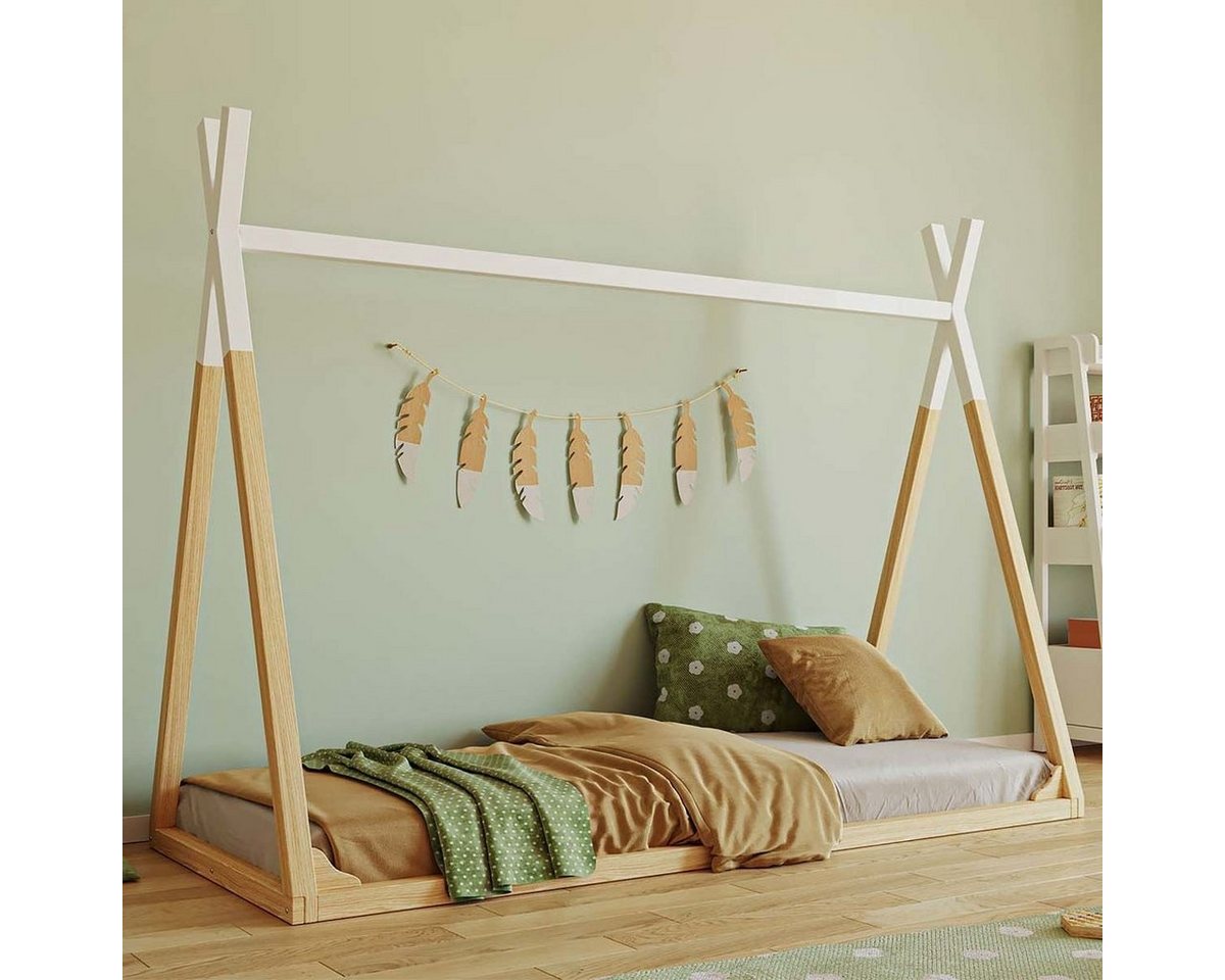 Artkid Kinderbett Winni Natur Tippi Bett, Zelt Bett 90x200 - Montessori Bett für Jungs (Artkid Winni Tipi Bett Kiefer natur weiß), Hausbett, Massivholz von Artkid