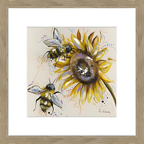 Artko Ashley Saunders Gerahmter Kunstdruck mit Sonnenblume und Biene – fertig zum Aufhängen, zeitgenössisches Blumen-Thema, Heimdekoration – Gemälde "Busy Bees" von Ashley Saunders, gerahmtes Bild, 26 von Artko