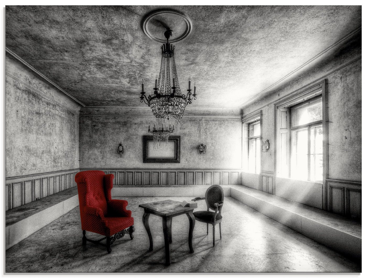 Artland Glasbild Lost Place - Roter Sessel, Architektonische Elemente (1 St), in verschiedenen Größen von Artland