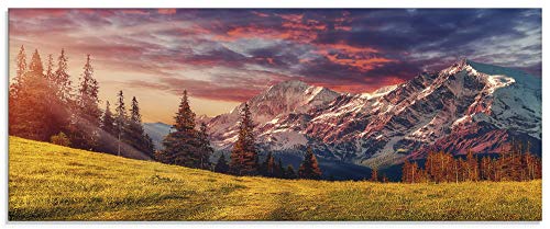 ARTLAND Küchenrückwand Glas mit Motiv Spritzschutz 125x50 cm Berge Alpen Sonnenuntergang Landschaft Wolken Wald Bäume Gras U1RI von ARTLAND