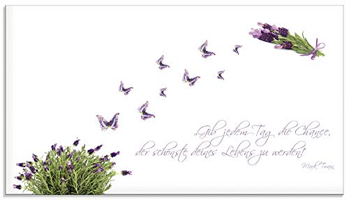 ARTLAND Küchenrückwand Glas mit Motiv Spritzschutz 90x50 cm Spruch Mark Twain Lavendel Weiß Lila Schmetterlinge J6DH von ARTLAND