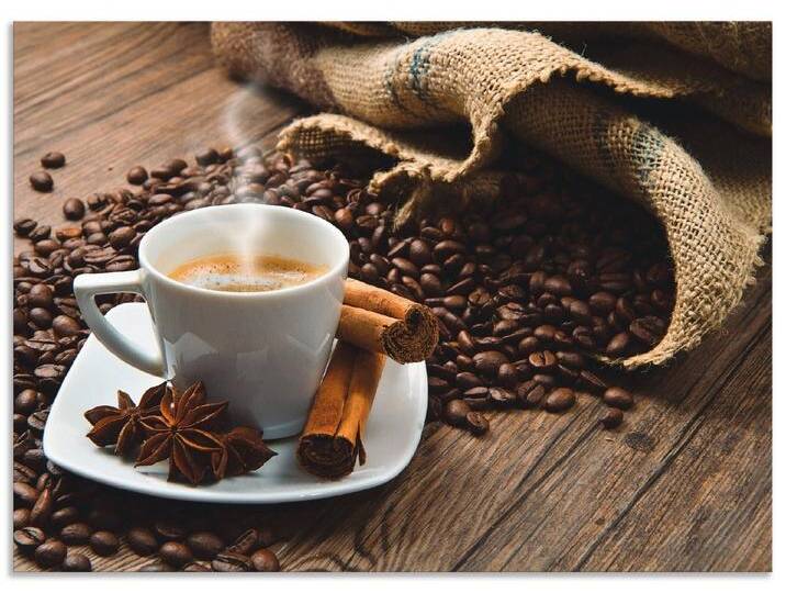 Artland Küchenrückwand Kaffeetasse Leinensack mit Kaffeebohnen, (1-tlg), Alu Spritzschutz mit Klebeband, einfache Montage, braun von Artland