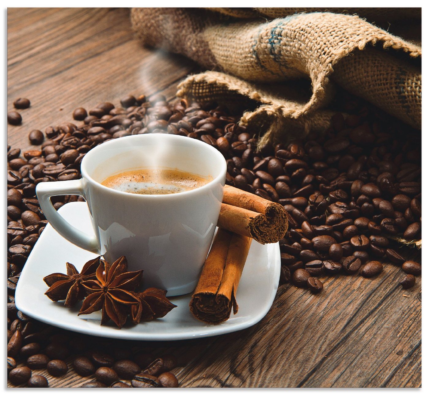 Artland Küchenrückwand Kaffeetasse Leinensack mit Kaffeebohnen, (1-tlg), Alu Spritzschutz mit Klebeband, einfache Montage von Artland