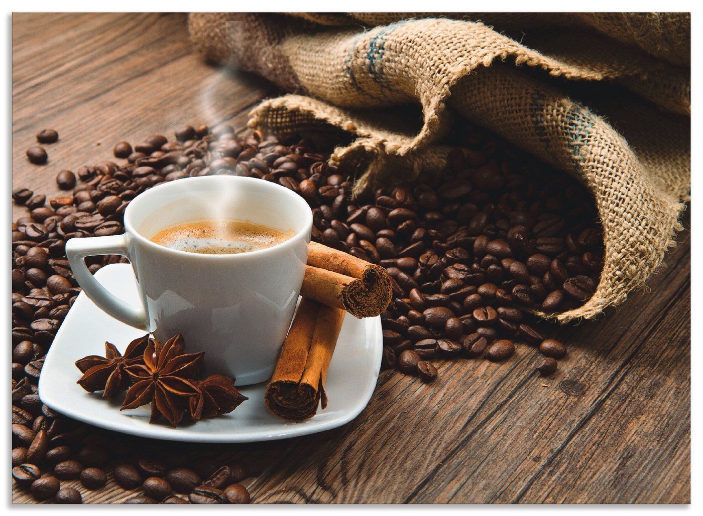 Artland Küchenrückwand Kaffeetasse Leinensack mit Kaffeebohnen, (1-tlg), Alu Spritzschutz mit Klebeband, einfache Montage von Artland