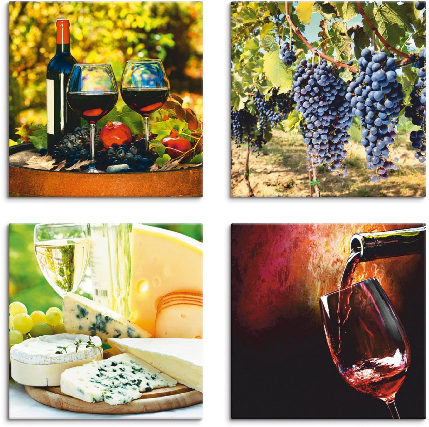 Artland Leinwandbild Gläser Rotwein, Trauben, Käse, Getränke (4 St), 4er Set, verschiedene Größen von Artland
