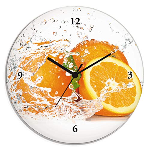 ARTLAND Wanduhr ohne Tickgeräusche Glas Quarzuhr Ø 30 cm Rund Lautlos Obst Früchte Orange im Wasser Frucht Modern Food T5UI von ARTLAND