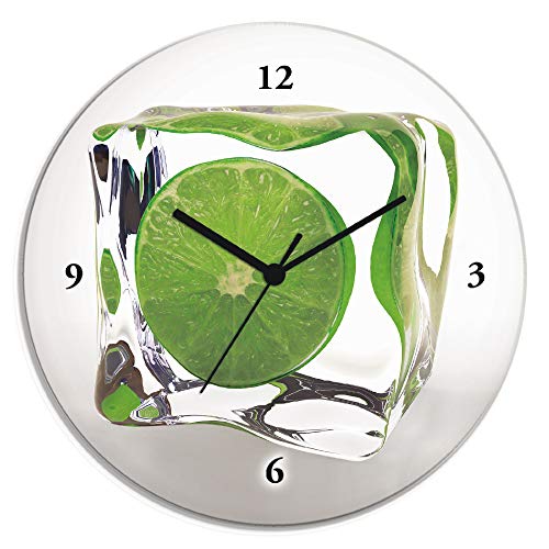 ARTLAND Wanddeko Wanduhr ohne Tickgeräusche Glas Quarzuhr Ø 30 cm Rund Lautlos Obst Früchte Limette im Eiswürfel Food Kreativ T5VW von ARTLAND