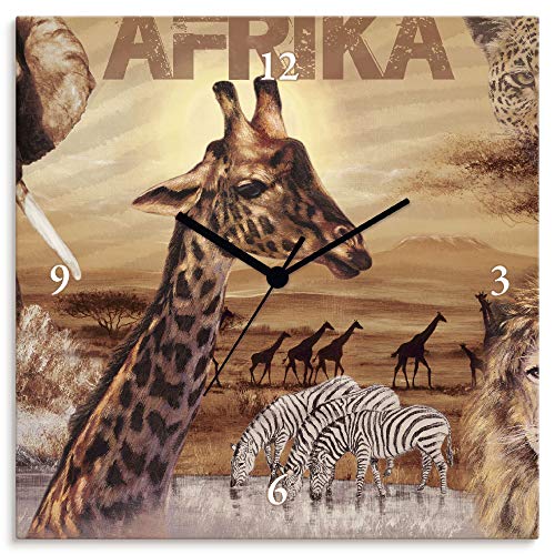 ARTLAND Wanduhr ohne Tickgeräusche Leinwand Quarzuhr 30x30 cm Quadratisch Lautlos Afrika Giraffe Zebra Löwe Tiere Safari Natur Malerei T3KB von ARTLAND