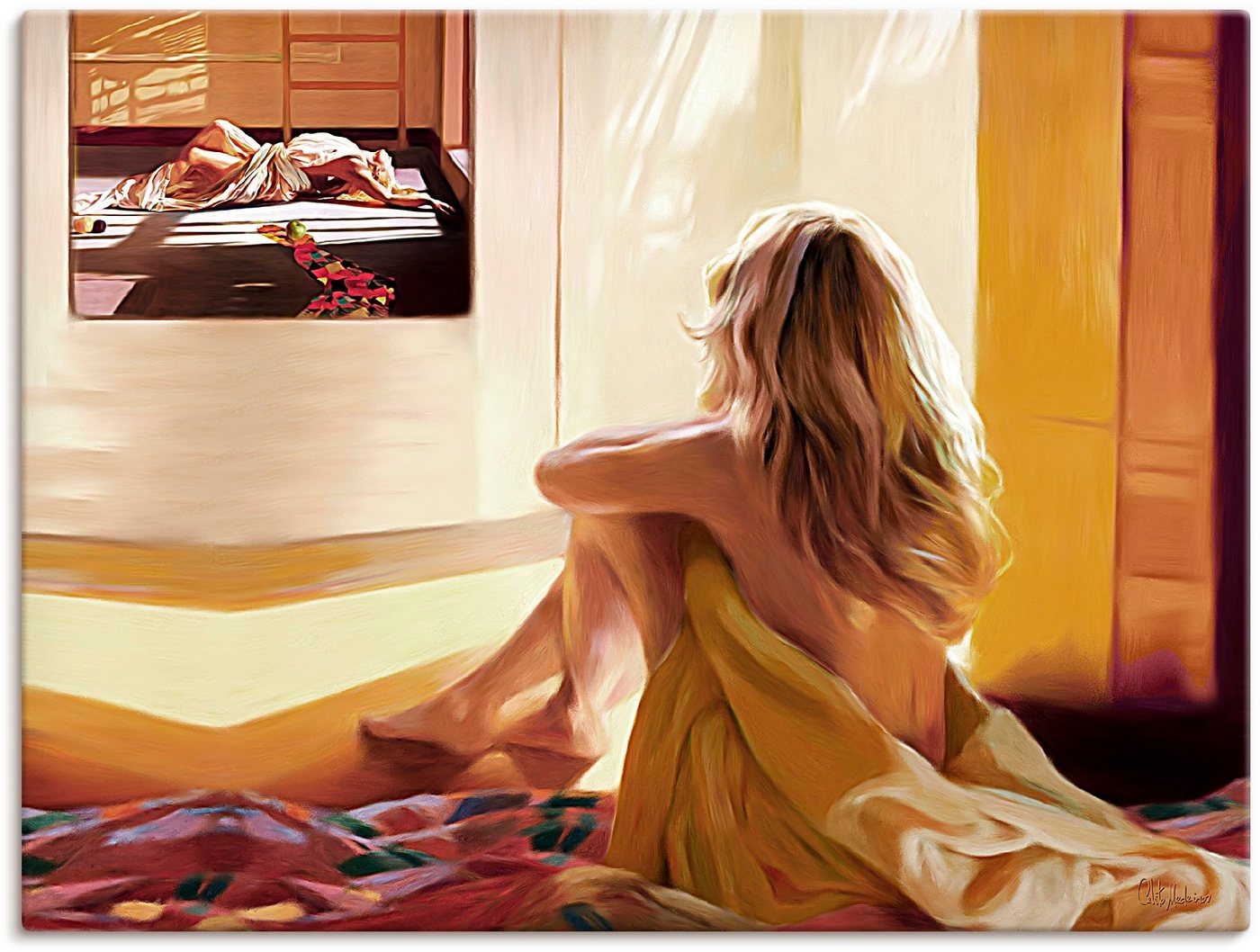 Artland Wandbild Blondes Mädchen sitzt auf dem Bett, Bilder von Frauen (1 St), als Alubild, Outdoorbild, Leinwandbild in verschied. Größen von Artland