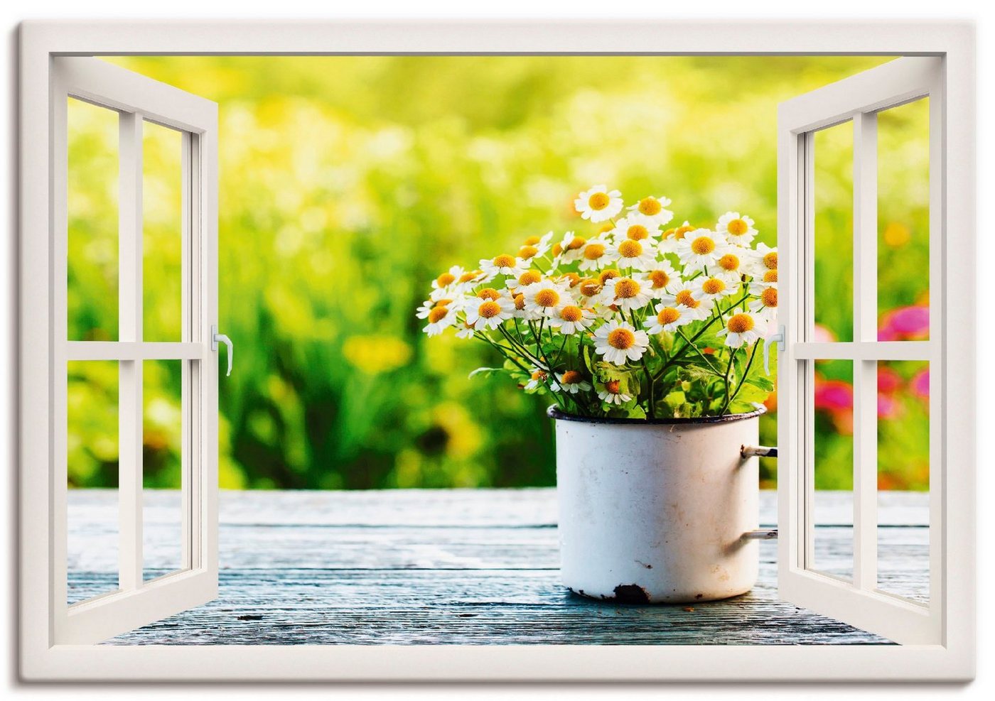 Artland Wandbild Fensterblick Garten mit Gänseblümchen, Blumen (1 St), als Alubild, Outdoorbild, Leinwandbild, Wandaufkleber, versch. Größen von Artland