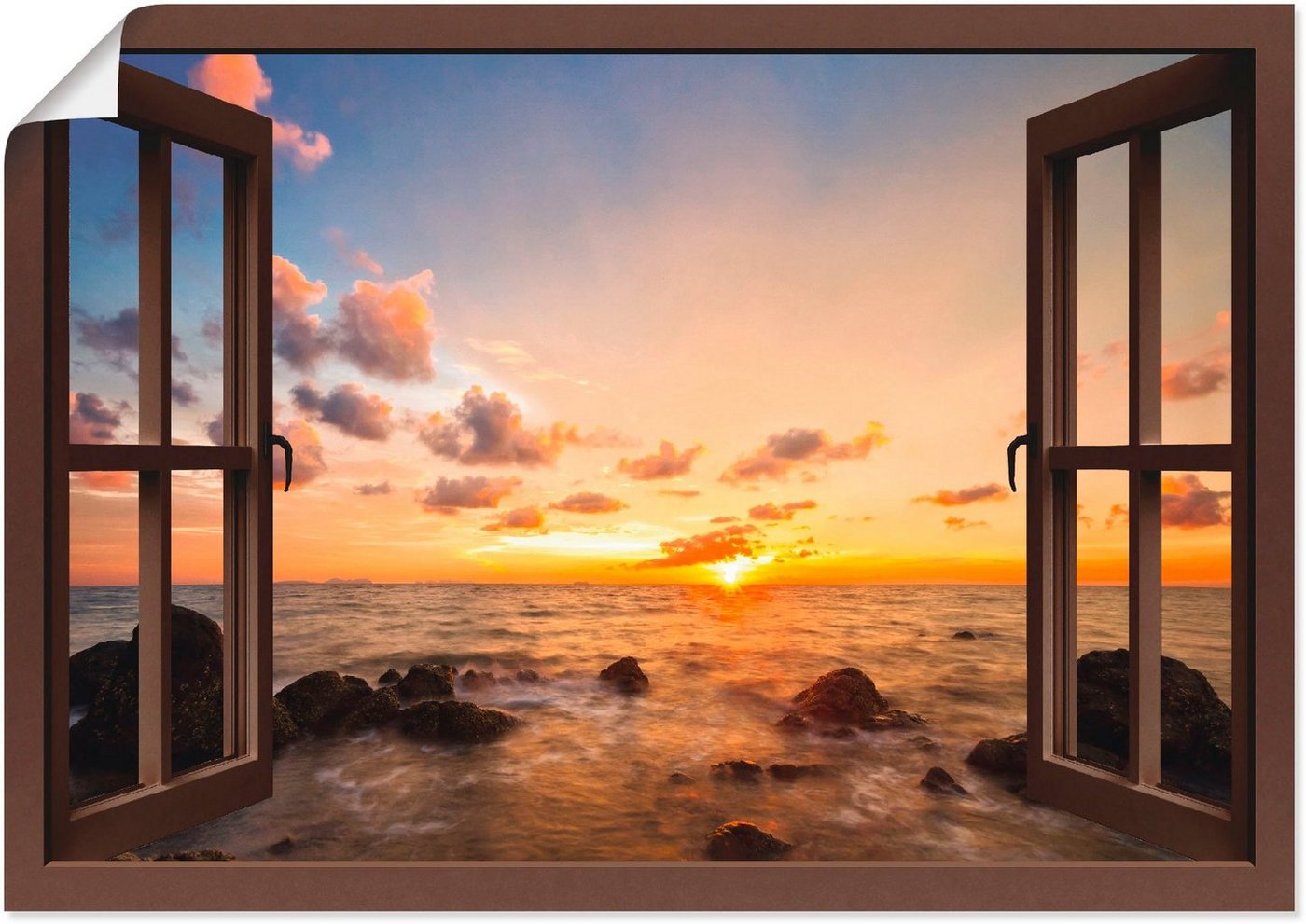 Artland Wandbild Fensterblick Sonnenuntergang am Meer, Fensterblick (1 St), als Alubild, Outdoorbild, Leinwandbild, Poster, Wandaufkleber von Artland