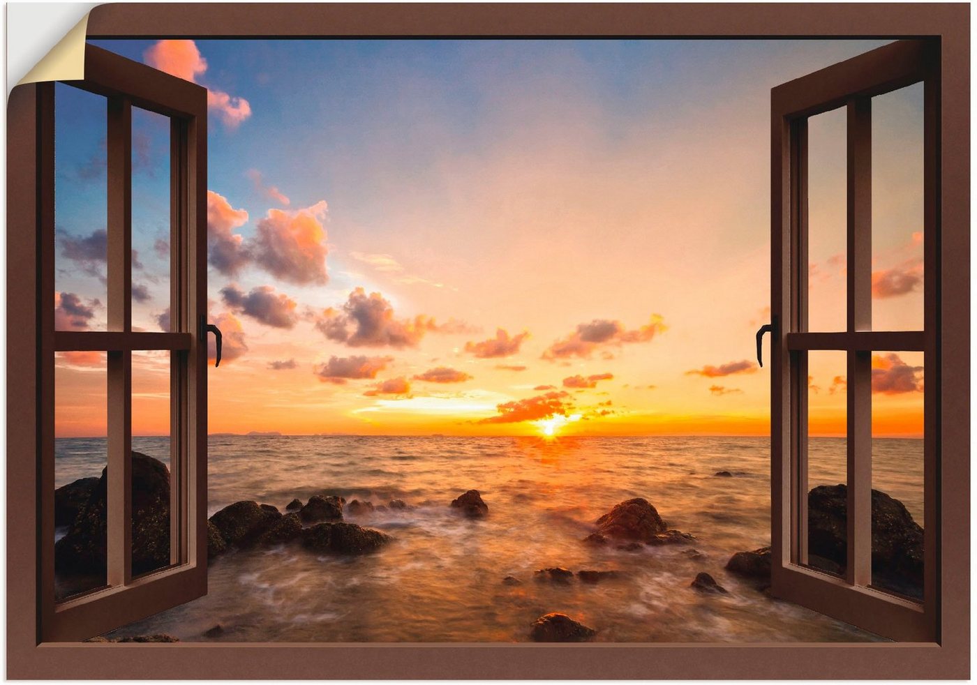Artland Wandbild Fensterblick Sonnenuntergang am Meer, Fensterblick (1 St), als Alubild, Outdoorbild, Leinwandbild, Poster, Wandaufkleber von Artland