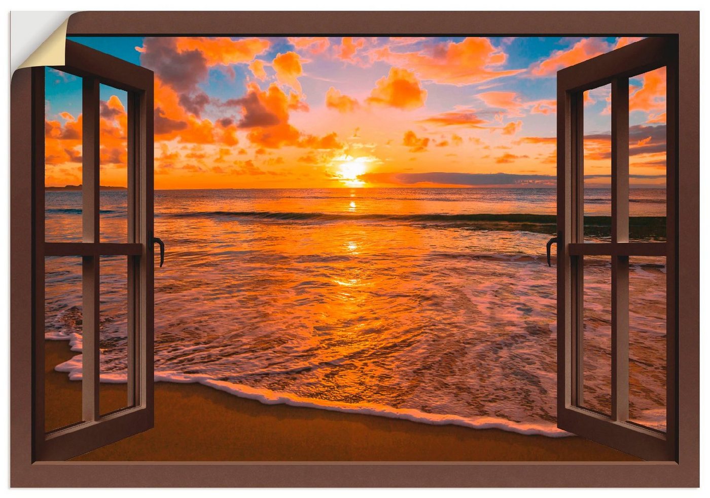 Artland Wandbild Fensterblick Sonnenuntergang am Strand, Sonnenaufgang & -untergang (1 St), als Leinwandbild, Poster, Wandaufkleber in verschied. Größen von Artland