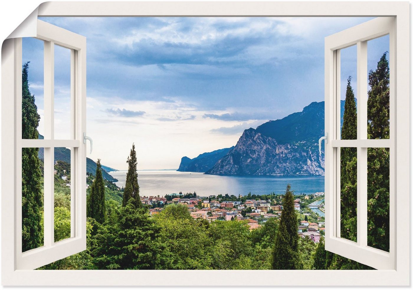 Artland Wandbild Gardasee durchs weiße Fenster, Seebilder (1 St), als Alubild, Outdoorbild, Leinwandbild, Poster, Wandaufkleber von Artland