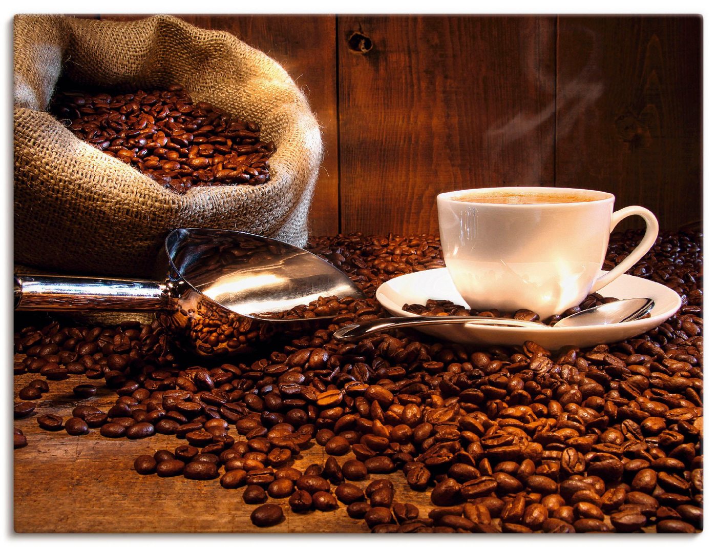 Artland Leinwandbild Kaffeetasse und Leinensack auf Tisch, Getränke (1 St), auf Keilrahmen gespannt von Artland
