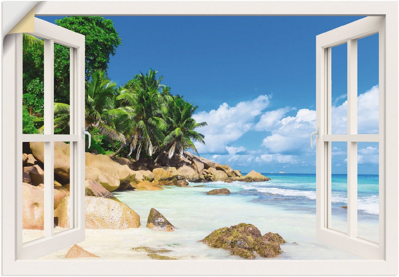 Artland Wandbild Küste mit Palmen durchs Fenster, Karibikbilder (1 St), als Alubild, Outdoorbild, Leinwandbild, Poster, Wandaufkleber von Artland