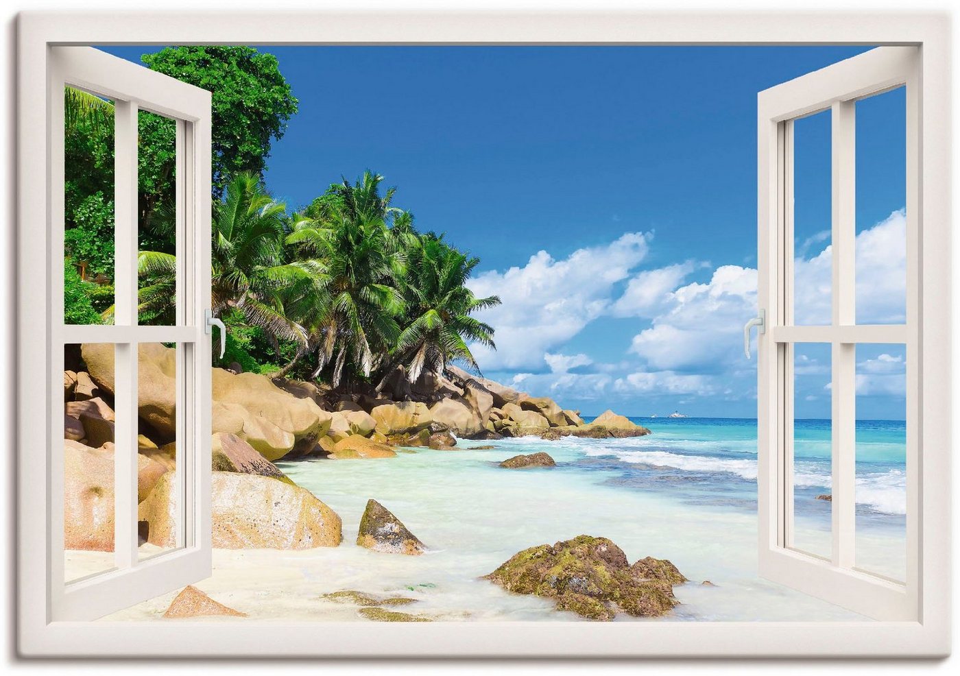 Artland Wandbild Küste mit Palmen durchs Fenster, Karibikbilder (1 St), als Alubild, Outdoorbild, Leinwandbild, Poster, Wandaufkleber von Artland