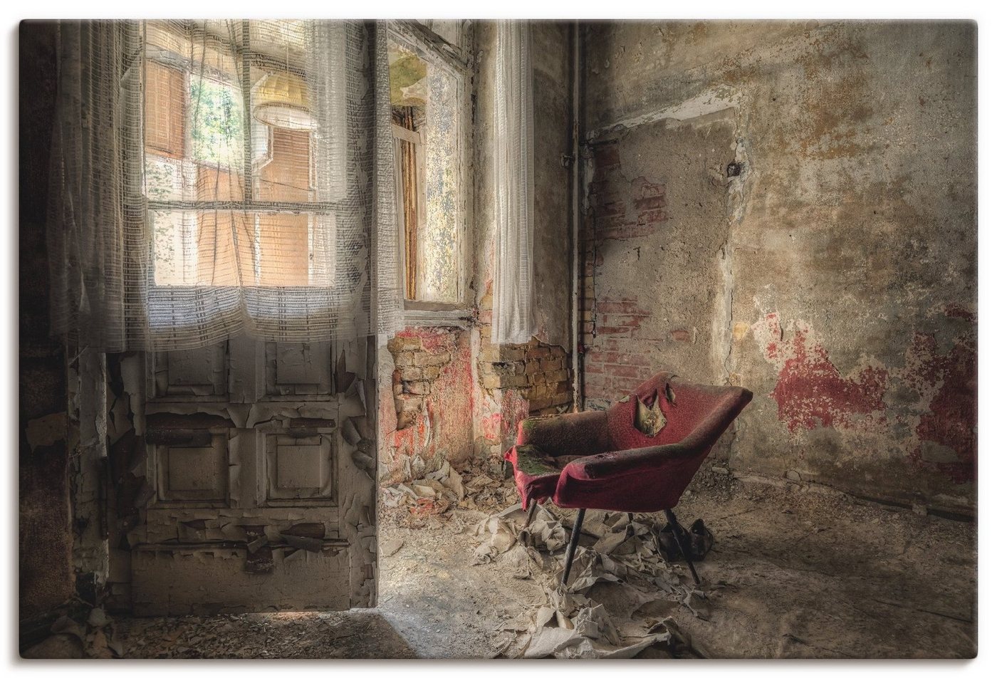 Artland Wandbild Lost Place - roter Sessel I, Innenarchitektur (1 St), als Alubild, Outdoorbild, Leinwandbild, Poster, Wandaufkleber von Artland