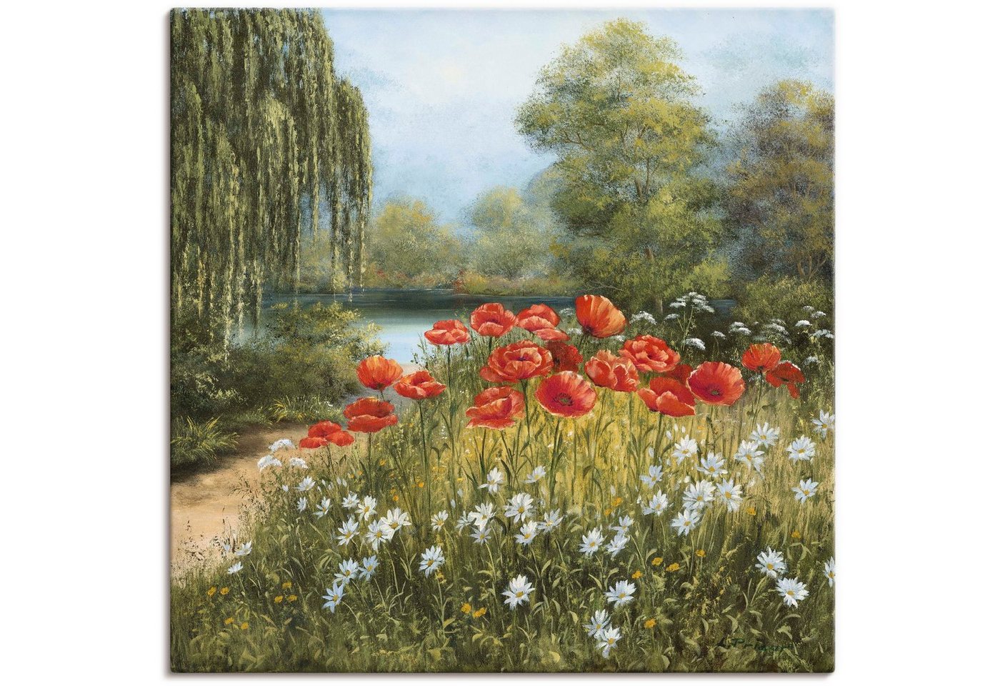 Artland Wandbild Mohnwiese am See, Blumenwiese (1 St), als Alubild, Outdoorbild, Leinwandbild, Poster in verschied. Größen von Artland