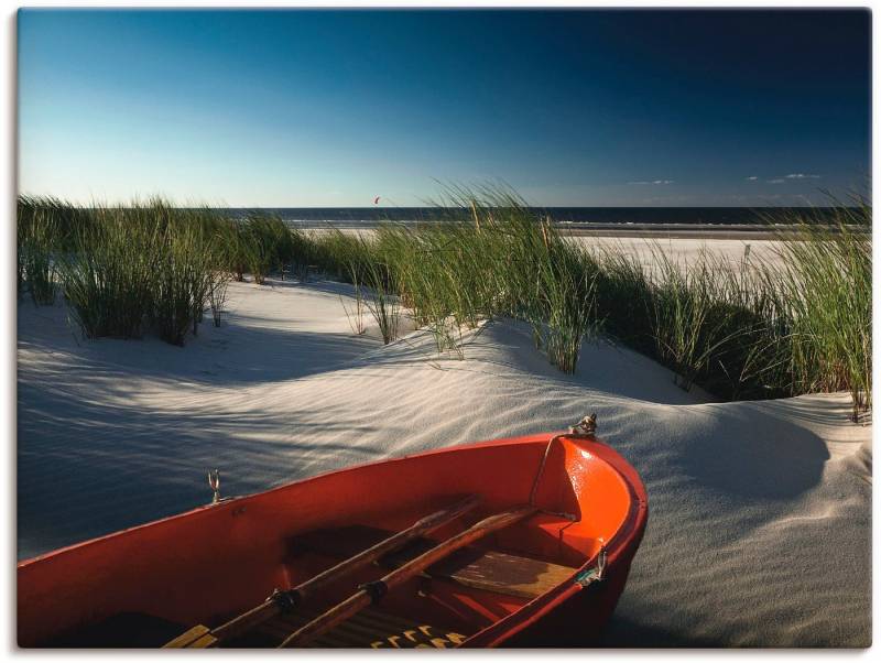 Artland Leinwandbild Rotes Boot am Strand..., Boote & Schiffe (1 St), auf Holzrahmen gespannt von Artland