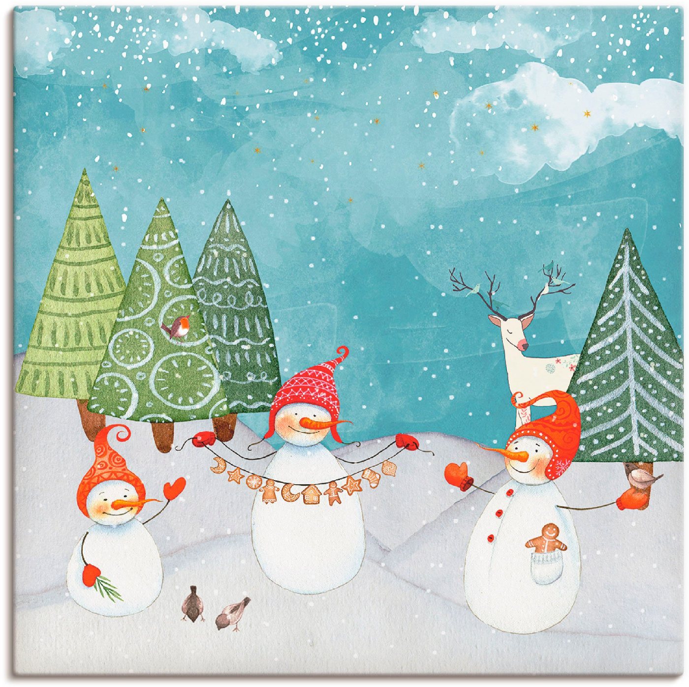 Artland Leinwandbild Schneemänner und Tierfreunde, Weihnachten (1 St), auf Keilrahmen gespannt von Artland