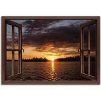 Artland Leinwandbild "Sonnenuntergang am See, braunes Fenster", Seebilder, (1 St.) von Artland