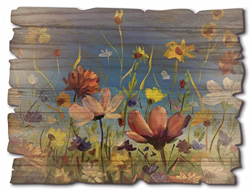 ARTland Wandbild aus Holz Shabby Chic Holzbild 40x30 cm Rechteckig Blumenwiese Blumen Blüten Frühling Himmel Natur Landhausstil U1QU von ARTLAND