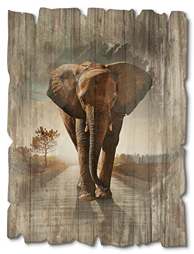 ARTland Wandbild aus Holz Shabby Chic Holzbild rechteckig 30x40 cm Hochformat Afrika Safari Tiere Elefant Savanne Himmel Sonnenaufgang T9QO von ARTLAND