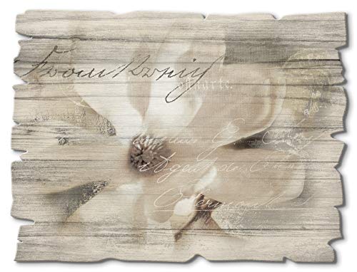 ARTland Wandbild aus Holz Shabby Chic Holzbild rechteckig 40x30 cm Querformat Blumen Magnolie Botanik Schriftzug Landhausstil T4RT von ARTLAND