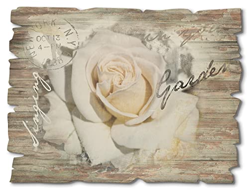 ARTland Wandbild aus Holz Shabby Chic Holzbild rechteckig 40x30 cm Querformat Botanik Blumen Blüten Rose Kunst Schriftzug Landhausstil T5GJ von ARTLAND