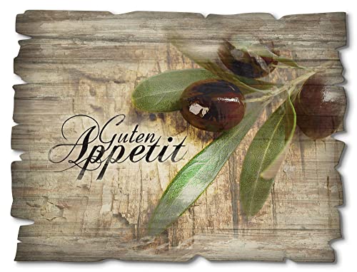 ARTland Wanddeko Bild aus Holz Holzbild vintage Deko 40x30 cm Querformat Essen Oliven Toskana Guten Appetit Mediterran Braun H6ZI von ARTLAND