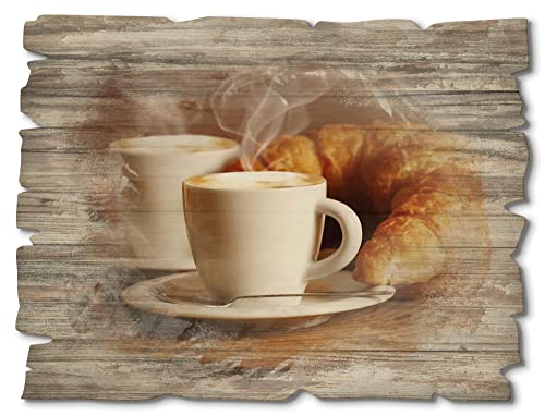 ARTland Wanddeko Bild aus Holz Holzbild vintage Deko 40x30 cm Querformat Kaffee Coffee Cafe Cappuccino Latte Macchiato Croissant T5XO von ARTLAND