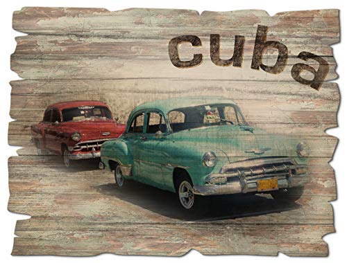 ARTLAND Wanddeko Bild aus Holz Holzbild vintage Deko 40x30 cm Querformat Karibik Kuba Retro Auto Oldtimer Taxi 50er Jahre Vintage J6XR von ARTLAND