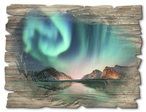 ARTland Wanddeko Bild aus Holz Holzbild vintage Deko 40x30 cm Querformat Natur Nordlicht Polarlicht Norwegen Berge Landschaft Türkis T9SZ von ARTLAND