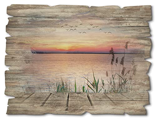ARTland Wandbild aus Holz Shabby Chic Holzbild rechteckig 40x30 cm Querformat See Ufer Küste Steg Sonnenuntergang Gräser Wolken Maritim T9QD von ARTLAND