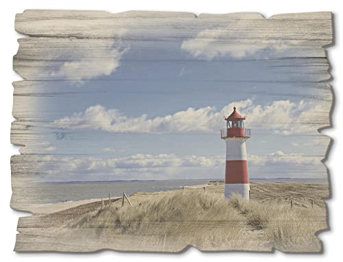 ARTland Wanddeko Bild aus Holz Holzbild vintage Deko 40x30 cm Querformat Strand Nordsee Küste Meer Düne Gräser Leuchtturm Sylt T9ML von ARTLAND