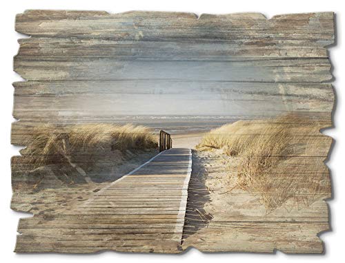 ARTland Wandbild aus Holz Shabby Chic Holzbild rechteckig 40x30 cm Querformat Strand Nordsee Steg Meer Küste Gräser Düne Himmel Maritim T5RM von ARTLAND