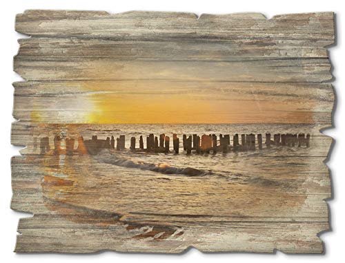 ARTland Wandbild aus Holz Shabby Chic Holzbild rechteckig 40x30 cm Querformat Strand Sonnenuntergang Meer Küste Ostsee Himmel Maritim T3ZU von ARTLAND